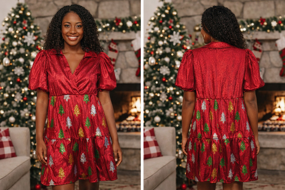 Simply Southern Women S Red Christmas Tree Sequin Holiday Dress Puff Sleeve NWT